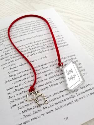 Bookmark – SREBRNA knjiga, srebrno srce i potkovica, CRVENA vezica